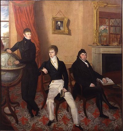 Groepsportret van drie mannen in een weelderige woonkamer, ca. 1825 door English School