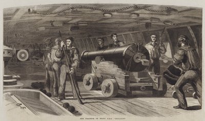Schietoefening aan boord van HMS "Brilliant" (gravure) door English School