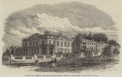 Gunton Hall, Norfolk, het landgoed van Lord Suffield, bezocht door de prins en prinses van Wales (gravure) door English School