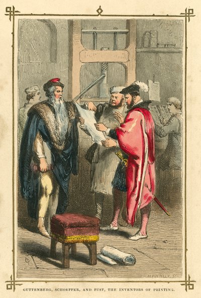 Guttenberg, Schoeffer en Fust, de uitvinders van de boekdrukkunst door English School
