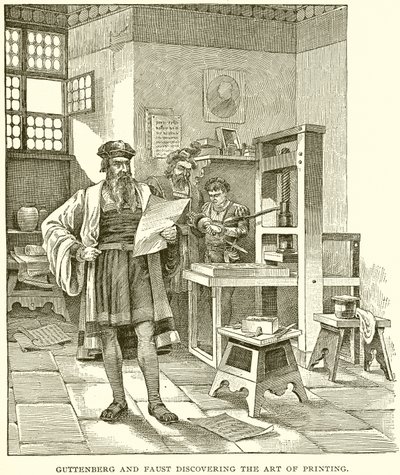Gutenberg en Faust ontdekken de kunst van het drukken door English School