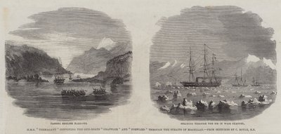 HMS "Termagant" begeleidt de Kanonneerboten "Grappler" en "Forward" door de Straat van Magellan door English School