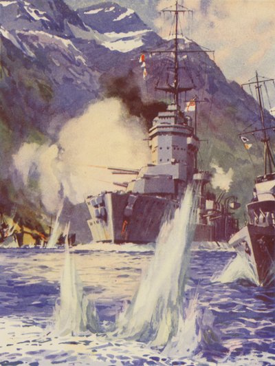 HMS Warspite voor de kust van Noorwegen door English School