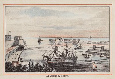 HM Indisch Troepenschip: Voor Anker, Malta (gekleurde gravure) door English School