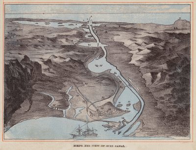 HM Indisch Troepenschip: Vogelvlucht van het Suezkanaal (gekleurde gravure) door English School