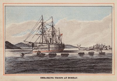 HM Indisch Troepenschip: Troepen inschepen in Bombay (gekleurde gravure) door English School