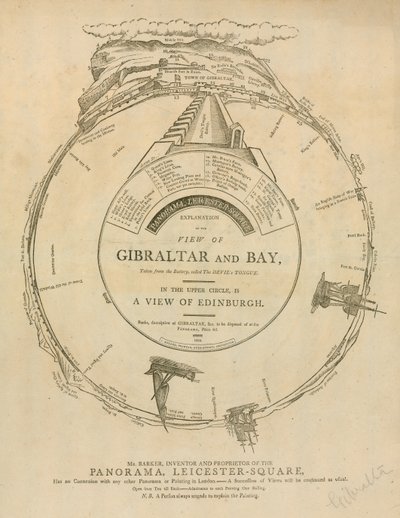 H A Barkers uitzicht op Gibraltar en Baai, Panorama, Leicester Square, Londen door English School