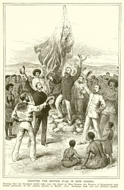 H. M. Chester, Magistraat van Queensland bij het Hijsen van de Britse Vlag in Nieuw-Guinea, maart 1883 door English School
