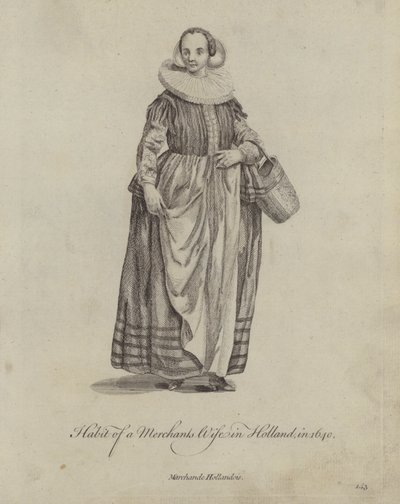 Kleding van een koopmansvrouw in Holland in 1640 door English School