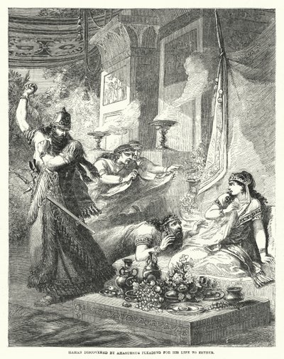 Haman ontdekt door Ahasveros terwijl hij om zijn leven smeekt bij Esther (gravure) door English School