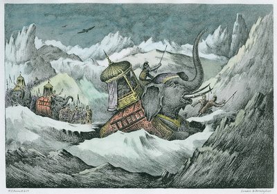 Hannibal (247-c.183 v.Chr.) en zijn oorlogsolifanten steken de Alpen over (latere inkleuring) door English School