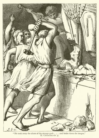 "Hij nam de altaren van de vreemde goden weg... en brak de beelden", II Kronieken, xiv, 3 (gravure) door English School
