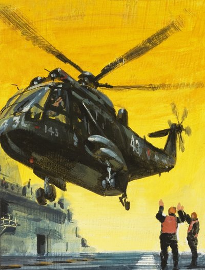 Helikopter landt op vliegdekschip door English School