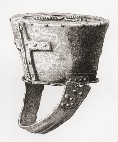 Helm, uit Castle Pomeroy, Engeland, daterend uit ca. 12e eeuw, uit The British Army: Its Origins, Progress and Equipment, gepubliceerd 1868. door English School