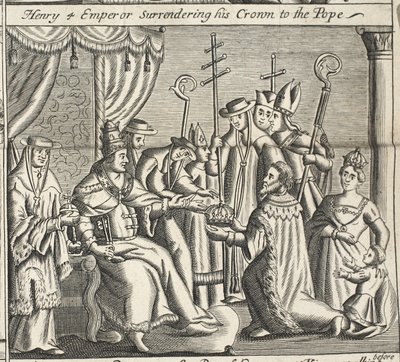 Hendrik IV keizer geeft zijn kroon over aan de paus, illustratie uit Handelingen en Monumenten van John Foxe, negende editie, uitgegeven 1684 door English School