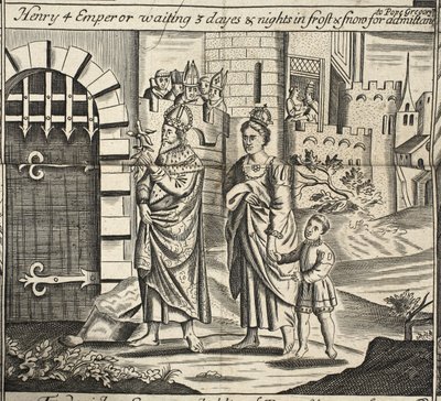 Hendrik IV keizer wacht 3 dagen en nachten in vorst en sneeuw voor toelating tot paus Gregorius, illustratie uit Handelingen en Monumenten van John Foxe, negende editie, uitgegeven 1684 door English School