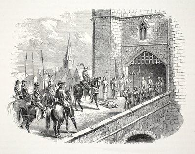 Henry graaf van Richmonds (later Henry VII) intocht in Shrewsbury over het lichaam van de burgemeester, 19e eeuw door English School