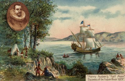 Het schip Half Moon van Henry Hudson ontdekt de Hudson-rivier, Noord-Amerika door English School