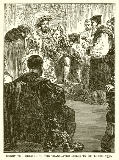 Hendrik VIII overhandigt de Vertaald Bijbels aan zijn Heren, 1538 door English School