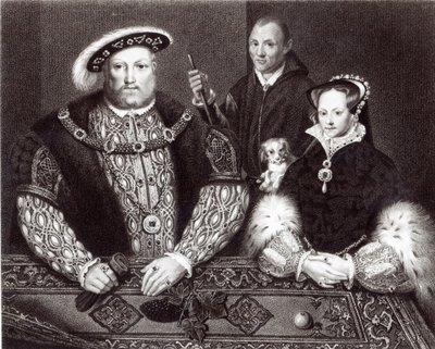 Hendrik VIII, zijn dochter Koningin Mary en Will Somers, naar een 16e-eeuws olieverfschilderij, postuum geschilderd, 1821 door English School