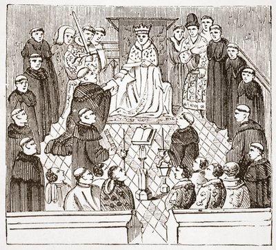 Hendrik V en zijn parlement (uit de Harleian MMS in het British Museum), illustratie uit De Geschiedenis van het Protestantisme door James Aitken Wylie, 1878 door English School
