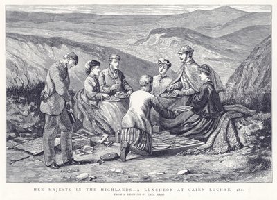 Hare Majesteit in de Hooglanden - Een Lunch bij Cairn Lochan, 1861 door English School