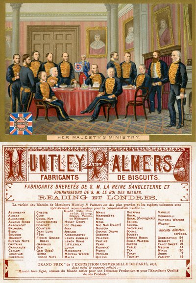 Hare Majesteits Ministerie, voor- en achterkant van een promotiekaart voor Huntley & Palmers Biscuits, geproduceerd voor de Franse markt c.1890 door English School