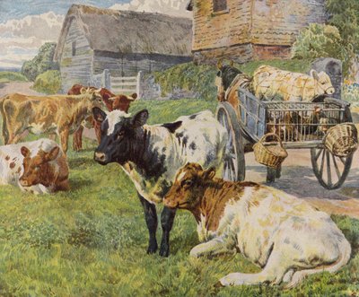 Kudde koeien en een kalf in een door paarden getrokken kar door English School
