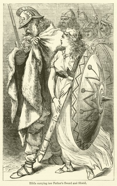 Hilda draagt haar vaders zwaard en schild (gravure) door English School