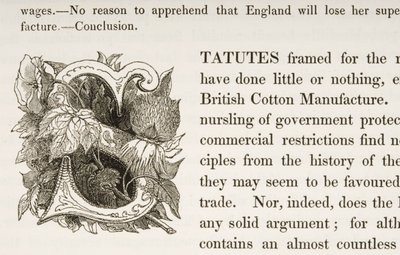 Versierde initiaal S, uit een boek over Britse katoenfabricage door English School
