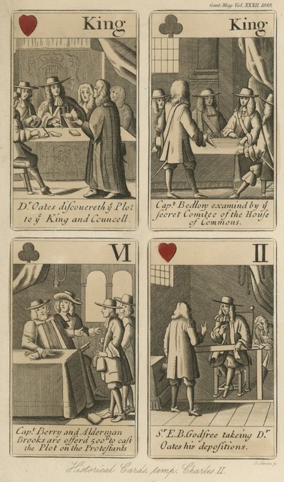Historische speelkaarten die het verhaal van koning Karel II vertellen door English School