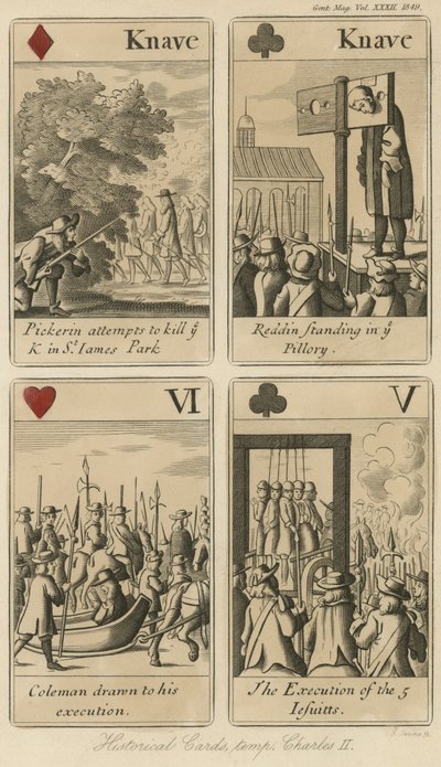 Historische speelkaarten die het verhaal van koning Karel II vertellen door English School