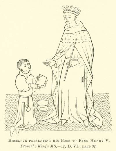Hoccleve presenteert zijn boek aan koning Hendrik V door English School