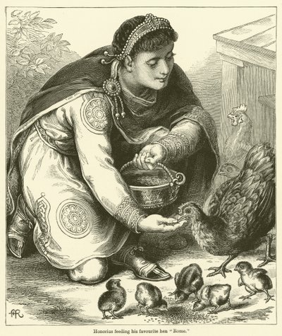 Honorius voert zijn lievelingskip "Rome" (gravure) door English School