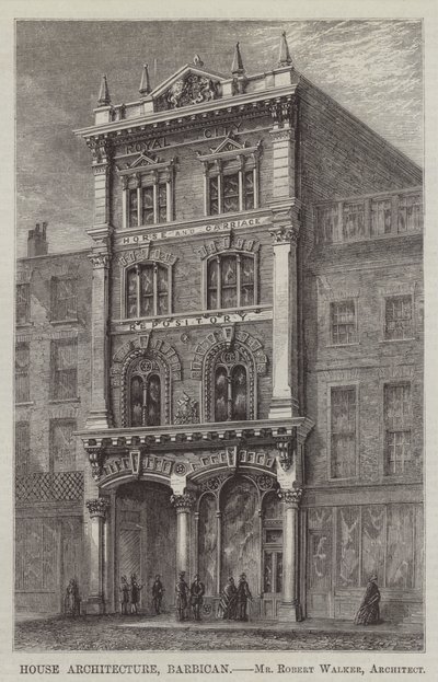 Huisarchitectuur, Barbican, Mr Robert Walker, Architect (gravure) door English School