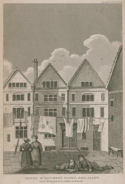 Huis in Pitchers Court, Bell Alley, ooit de residentie van Robert Bloomfield door English School