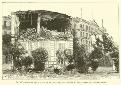 Huis in de Avenue de la Gare, Mentone, verwoest door de aardbeving aan de Rivièra, 1887 door English School
