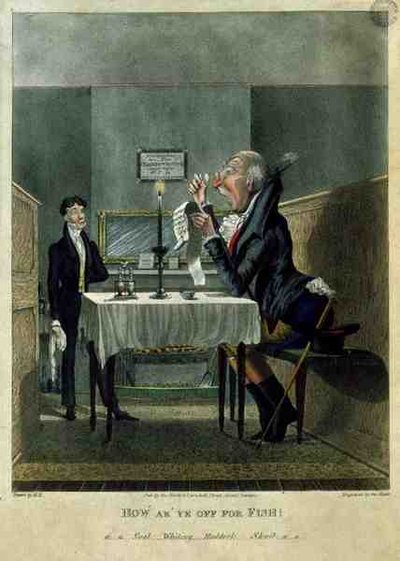 "Hoe staat het met je vis!", gegraveerd door George Hunt, ca. 1825-30 (kleur litho) door English School