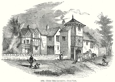 Hulme Hall, Laneashire. - Vooraanzicht (gravure) door English School