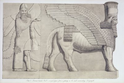 Menselijk hoofd stier en gevleugeld figuur van een poort op de muur rond Koujunjik, plaat 3 uit Nineveh en zijn overblijfselen door Austen Henry Layard (1817-94) gepubliceerd 1849 door English School
