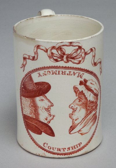 Humoristische mok versierd met omkeerbare hoofden van een man en vrouw, ca. 1780 door English School
