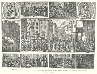 Incidenten in de Opstand van de Vijfde Monarchie Mannen onder Thomas Venner, en de Executie van hun Leiders (gravure) door English School