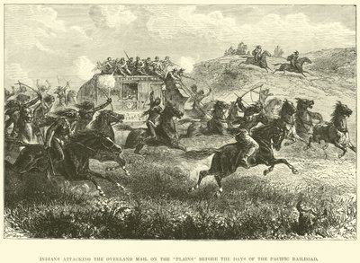 Indianen vallen de Overland Mail aan op de vlaktes vóór de dagen van de Pacific Railroad door English School