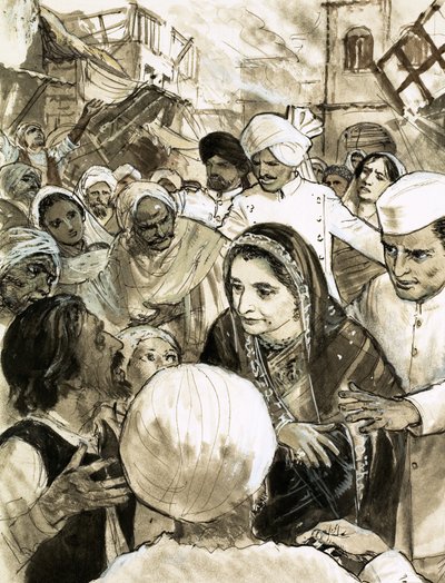 Indira Gandhi in de stad Ahmadabad tijdens de rellen door English School