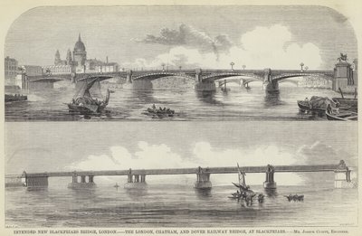 Voorgenomen nieuwe Blackfriars Bridge, Londen, de London, Chatham en Dover Railway Bridge, bij Blackfriars door English School