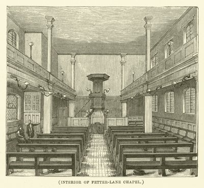 Interieur van de Fetter-Lane kapel (gravure) door English School