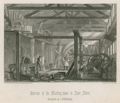 Interieur van John Bunyans ontmoetingshuis in Zoar Street, Gravel Lane, Southwark door English School
