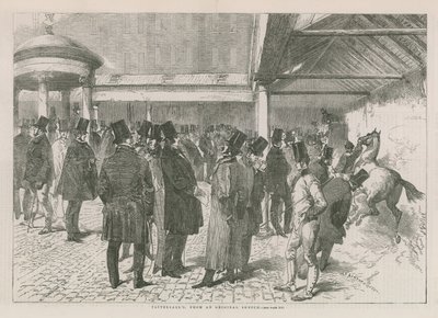 Interieur van veilinghuis Tattersalls (gravure) door English School