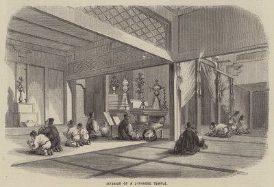Interieur van een Japanse tempel (gravure) door English School