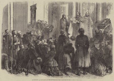 Interieur van een Russische kerk tijdens het lezen van het Ukase voor de emancipatie van de lijfeigenen door English School